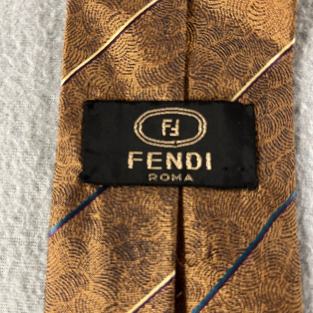 Fendi Roma Mens Silk Tie Bronze Copper Striped Swirl Jacquard Made in Italy